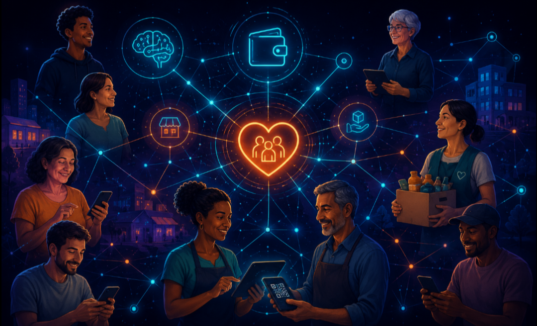 Ilustração de moradores, comerciantes e ONGs conectados por uma rede digital