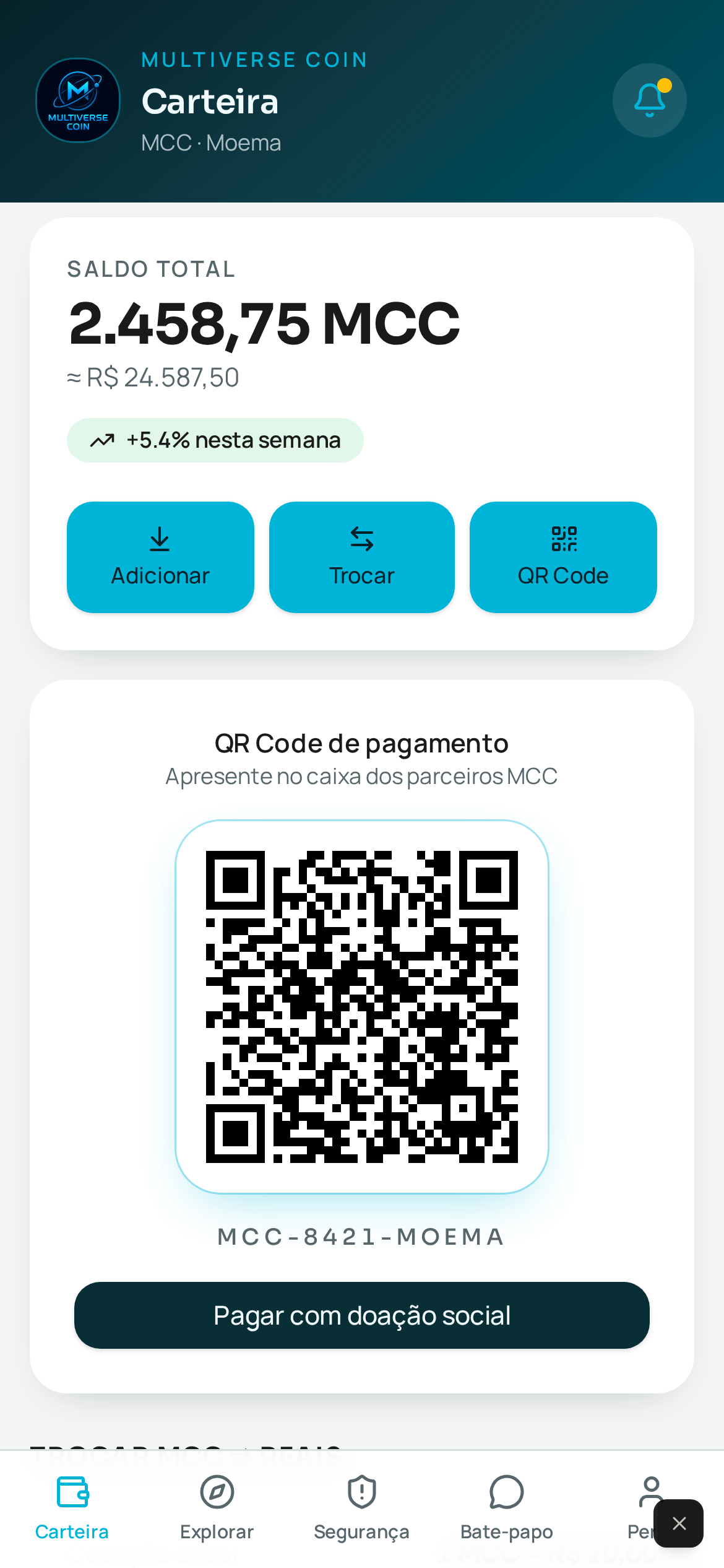 Tela da carteira do app Multiverse Coin com saldo em MCC e QR Code de pagamento