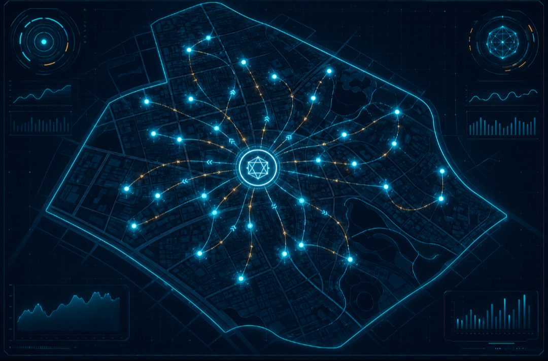Mapa futurista de conexões digitais representando a rede do Multiverse Coin