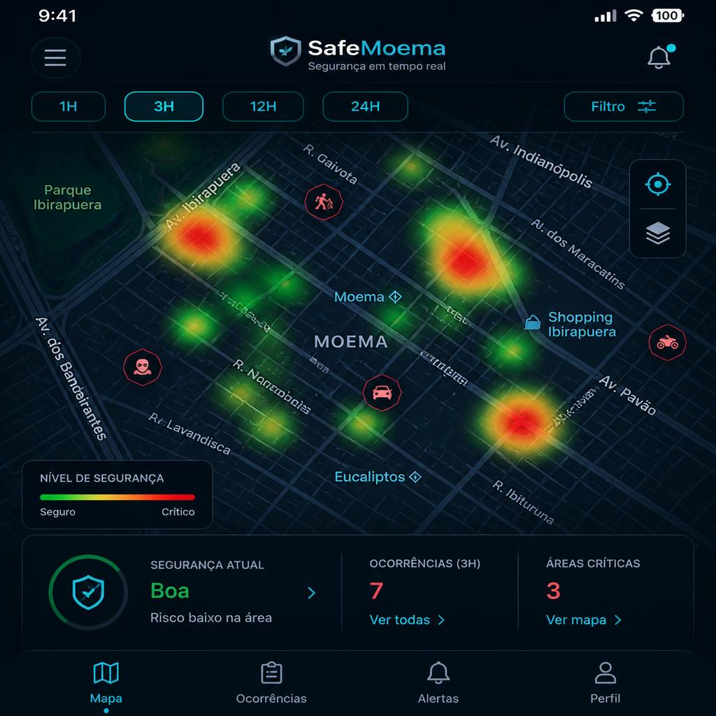 Tela do app com o mapa de calor de segurança das ruas de Moema